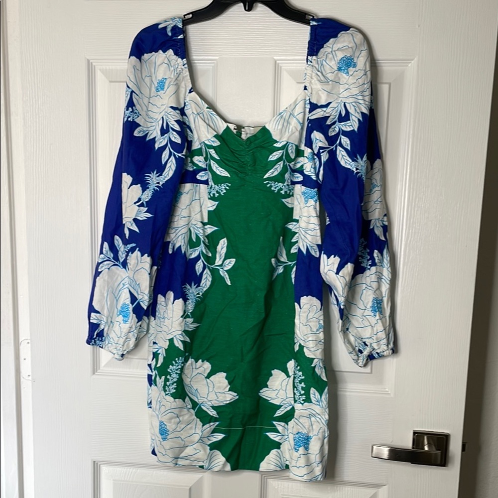 Farm Rio soft garden floral 55% linen long sleeve mini dress